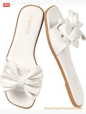 Bow Flat Sandals Open Square Toe Comfortable Slide Slip On Sandals Beach